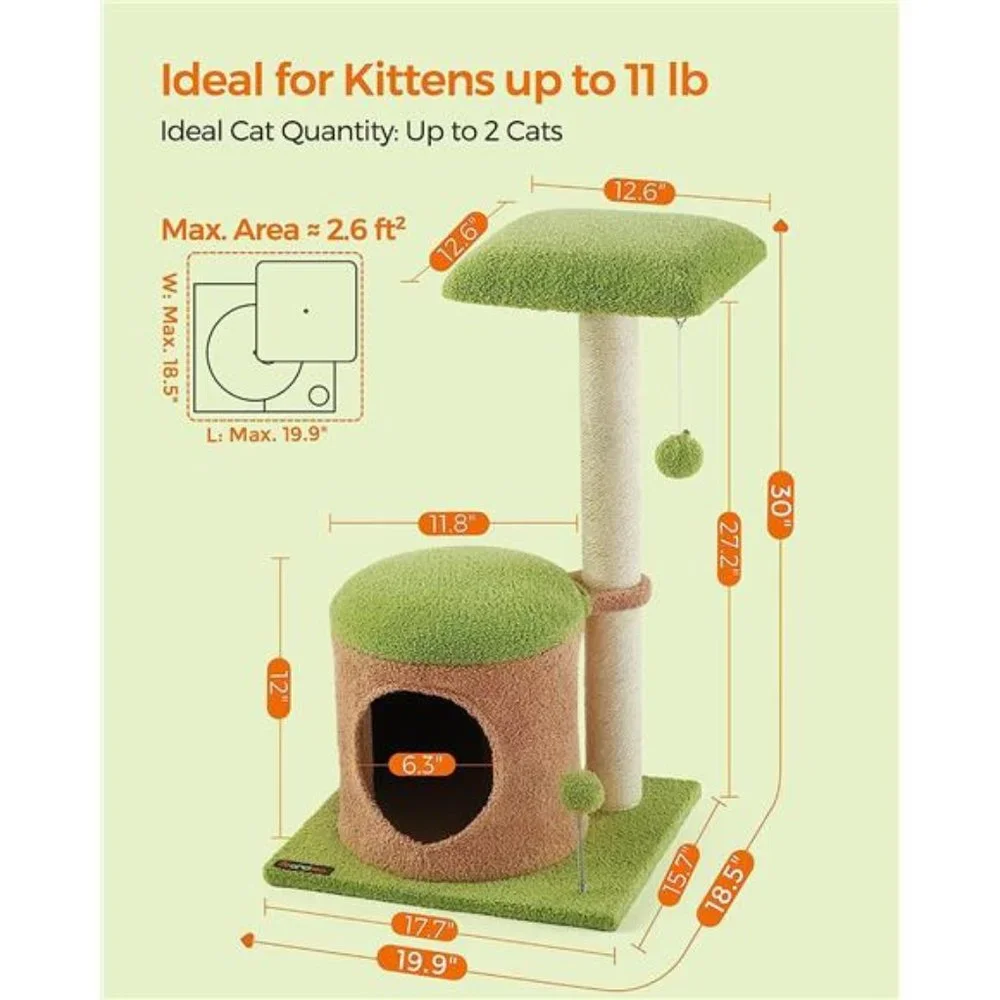 Cat Tree House, 30-Inch Small Cat Tower for Kittens w/ 27.2-Inch Scratching Post
